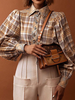 Frauen Bluse Khaki Plaid Turndown Kragen Casual Langarm Polyester T-Shirt Casual Tops