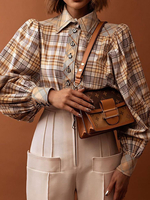 Frauen Bluse Khaki Plaid Turndown Kragen Casual Langarm Polyester T-Shirt Casual Tops