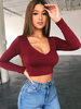 Frauen Bluse Langarm U-Ausschnitt Burgunder Polyester Skinny Sexy T-Shirt