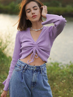 Frauen Bluse Lila Lila Langarm Cabrio Kordelzug Schnüren Up V-Ausschnitt Polyester T-Shirt