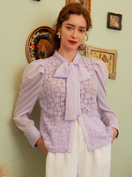 Frauen Bluse Lila Polyester geknotet lässig ausgeschnitten lange Ärmel Tops
