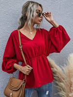 Frauen Bluse Red Polyester Jewel Neck Kurzarm Casual Tops