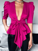 Frauen Bluse Rose Baumwolle V-Ausschnitt Lässig Schnüren lange Ärmel Sexy Tops