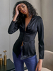 Frauen Bluse Schwarz Polyester Sexy Langarm Tops Casual T Shirt