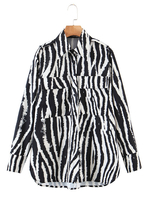 Frauen Bluse Schwarz Zebradruck Turndown Kragen Lässig Langarm Polyester Jacke