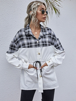 Frauen Bluse Weiß Polyester Jewel Neck Kurzarm Plaid Casual Tops