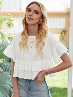 Frauen Bluse Weiß Polyester Jewel Neck Kurzarm Sommer Tops