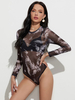 Frauen Body Schwarz Lange Ärmel Jewel Neck Sexy Polyester Printed One Piece Outfit