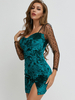 Frauen Bodycon Dark Green Square Neck Böhmische Langarm Bleistiftkleid