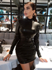 Frauen Bodycon Kleider Black Jewel Neck Plissee Sexy Langarm Bleistiftkleid