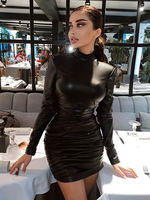 Frauen Bodycon Kleider Black Jewel Neck Plissee Sexy Langarm Bleistiftkleid