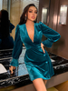 Frauen Bodycon Kleider Blau Langarm Sexy V-Ausschnitt Asymmetrische Midi Kleid Etuikleid