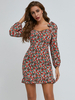 Frauen Bodycon Kleider Blumendruck Burgunder Square Neck Bohemian Langarm Bleistiftkleid
