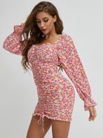 Frauen Bodycon Kleider Blumendruck Flieder Halsausschnitt Böhmische Langarm Rote Bleistift Kleid