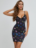 Frauen Bodycon Kleider Blumendruck Schwarzes Böhmisches ärmelloses Bleistiftkleid mit V-Ausschnitt