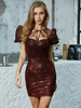 Frauen Bodycon Kleider Burgund bedruckte Kurzarm Sexy Slim Fit Kleid Midi Etuikleid