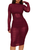 Frauen Bodycon Kleider Burgund High Collar Sexy Langarm Sheer Pencil Kleid