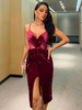 Frauen Bodycon Kleider Burgund Ärmellose Träger Hals Split Front Sexy Etuikleid Midi Kleid