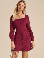 Frauen Bodycon Kleider Burgund Square Neck Retro Langarm Polyester Vintage Bleistiftkleid