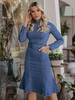 Frauen Bodycon Kleider Dark Navy Stehkragen Cowboy Langarm Bleistiftkleid