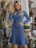 Frauen Bodycon Kleider Dark Navy Stehkragen Cowboy Langarm Bleistiftkleid