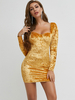 Frauen Bodycon Kleider Gelb Langarm Bohemian Square Neck Slim Fit Etuikleid