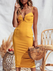 Frauen Bodycon Kleider Gelb Ärmellose Split Front Casual Straps Hals Backless Midi Kleid Etuikleid