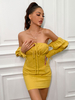 Frauen Bodycon Kleider Golden Long Sleeves Schnürung Trägerlose Offene Schulter Sexy Etuikleid Midi Kleid