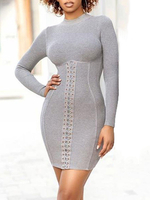 Frauen Bodycon Kleider Grau Langarm Schnür Strick Kurzkleid