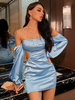 Frauen Bodycon Kleider Hell Himmelblau Lange Ärmel Trägerlos Offene Schulter Slim Fit Kleid Sexy Midi Kleid