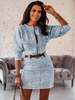 Frauen Bodycon Kleider Hellgrau Jewel Neck Cowboy Langarm Bleistiftkleid