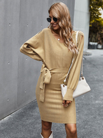 Frauen Bodycon Kleider Kaffee Braun V-Ausschnitt Sexy Langarm Bleistiftkleid Büro