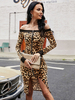Frauen Bodycon Kleider Leopard Leopard Print Langarm Bateau Neck Offene Schulter Slim Fit Kleid Sexy Long Sheath Kleid