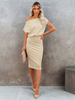 Frauen Bodycon Kleider Light Apricot Kurzarm Bateau Neck Casual Midi Kleid