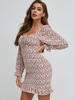 Frauen Bodycon Kleider mit Blumenmuster Rote Quadrat-Ansatz böhmisches langen Ärmeln Enges Kleid