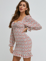 Frauen Bodycon Kleider mit Blumenmuster Rote Quadrat-Ansatz böhmisches langen Ärmeln Enges Kleid