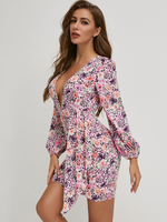 Frauen Bodycon Kleider mit Blumenmustern Lila mit V-Ausschnitt Bohemian lange Ärmel Enges Kleid