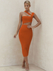 Frauen Bodycon Kleider Orange Designed Ausschnitt Asymmetrische Sexy Ärmelloses Bleistiftkleid