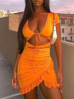 Frauen Bodycon Kleider Orange Kurzarm Plissee Casual Etuikleid