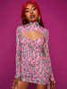 Frauen Bodycon Kleider Rosa bedruckte Plissee High Collar Etuikleid Sexy Midi Fit Kleid