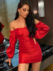Frauen Bodycon Kleider Rot Langarm Rüschen Sexy Bateau Neck Open Schulter Etuikleid