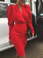 Frauen Bodycon Kleider Rot V-Ausschnitt geschichtet Langarm Sexy Bleistiftkleid