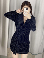 Frauen Bodycon Kleider Schwarz Langarm Rüschen V-Ausschnitt Sexy Fit Kleid Midi Kleid