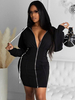 Frauen Bodycon Kleider Schwarz Langarm Schnür Turndown Kragen Slim Fit Kleid Casual Midi Kleid