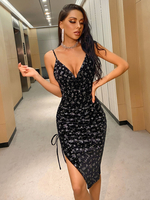Frauen Bodycon Kleider Schwarz Ärmellose Träger Hals Split Front Sexy Fit Kleid Midi Kleid