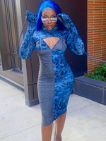 Frauen Bodycon Kleider Two Tone Blue High Collar Schnürung Layered Long Sleeves Pencil Dress