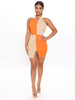 Frauen Bodycon Kleider Two Tone Orange High Collar Metall Details Offene Schulter Casual Ärmelloses Bleistiftkleid