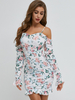 Frauen Bodycon Kleider Weiß Blumendruck Langarm Böhmische Trägerlose Midi Kleid Etuikleid