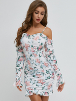 Frauen Bodycon Kleider Weiß Blumendruck Langarm Böhmische Trägerlose Midi Kleid Etuikleid