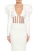 Frauen Bodycon Kleider Weiß mit V-Ausschnitt Plissee Sexy lange Ärmel Enges Kleid